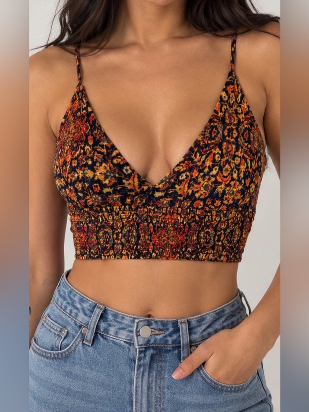 Forever 21 Navy Floral Smocked Crop Cami Top